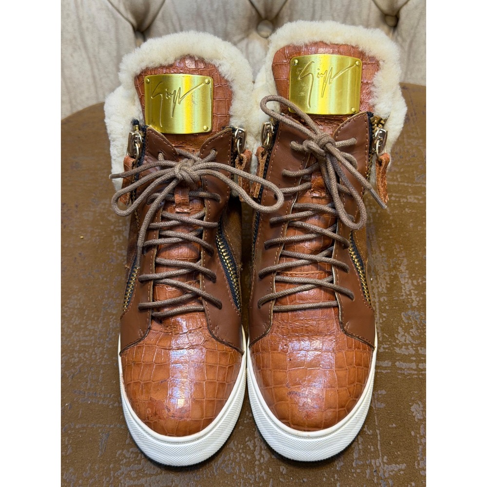 Giuseppe Zanotti Brown Croc Embossed Shearling Lined Wedge Sneakers Gold Logo